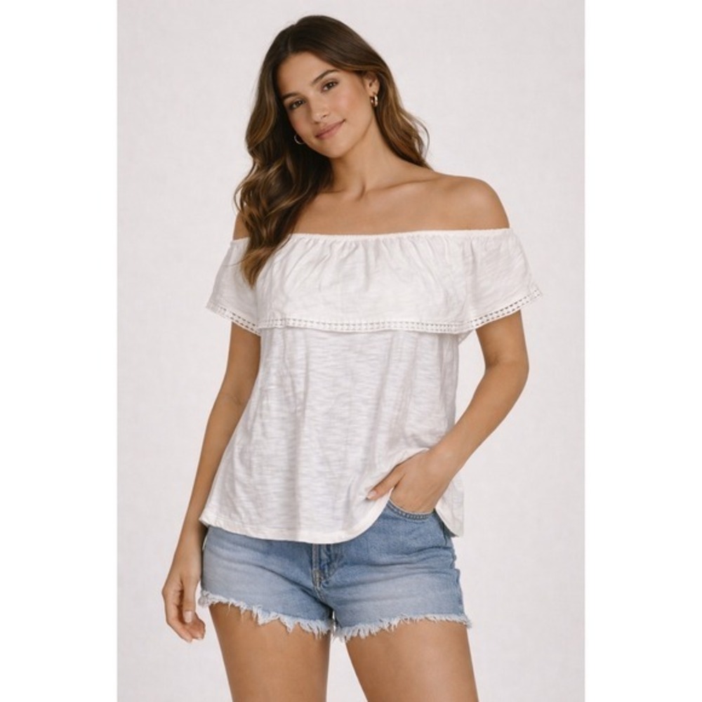 Old Navy White Cotton Slub Ruffle Off The Shoulder Eyelet Lace Top‎ Large